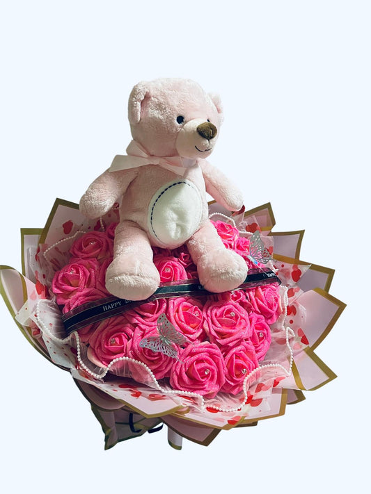 Luxury Pink Rose Teddy Bouquet – Romantic Floral Gift with Plush Bear