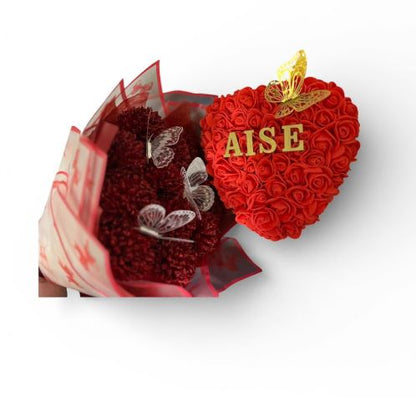 Luxury Red Rose Heart Gift Set – Personalised Name Floral Arrangement