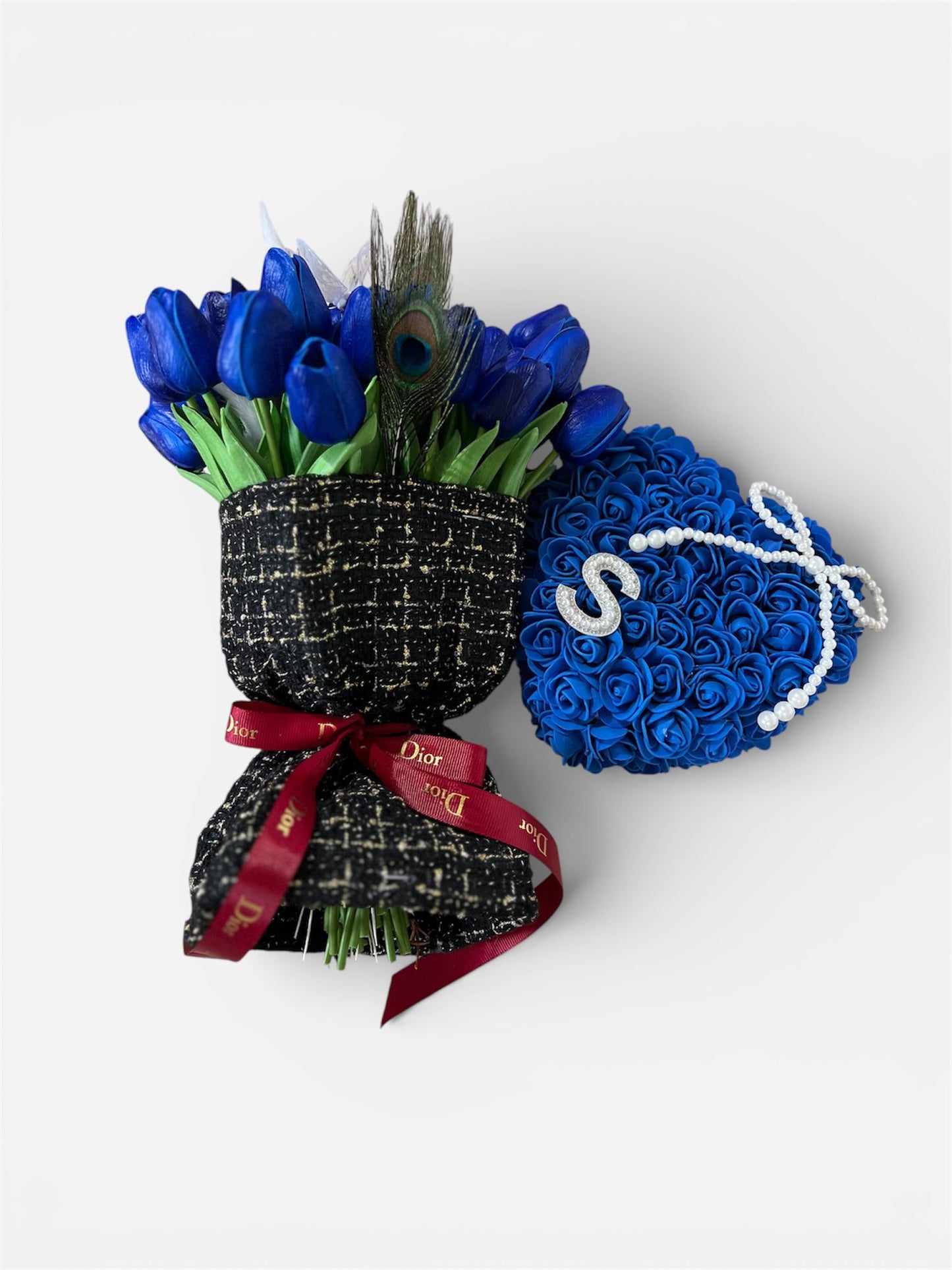 Luxury Blue Keepsake Flower Set  Tulip Bouquet & Heart Rose Box