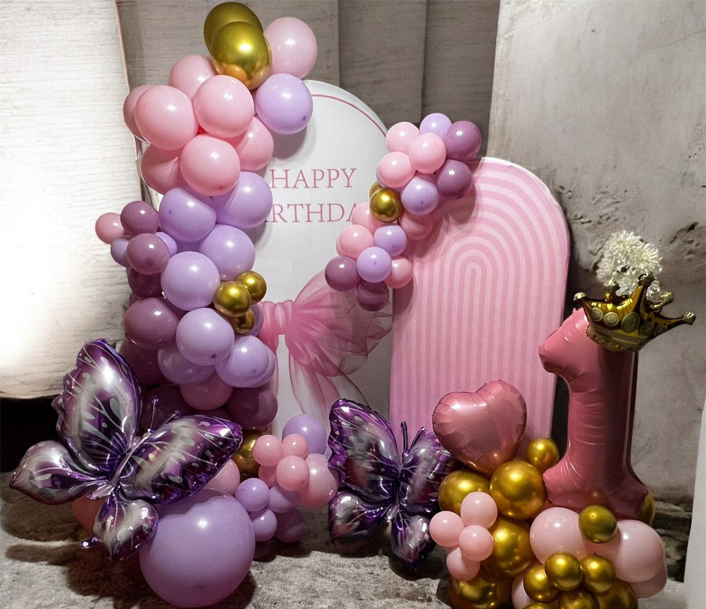 First Birthday Balloon Setup – Pink, Lilac & Gold Princess Theme
