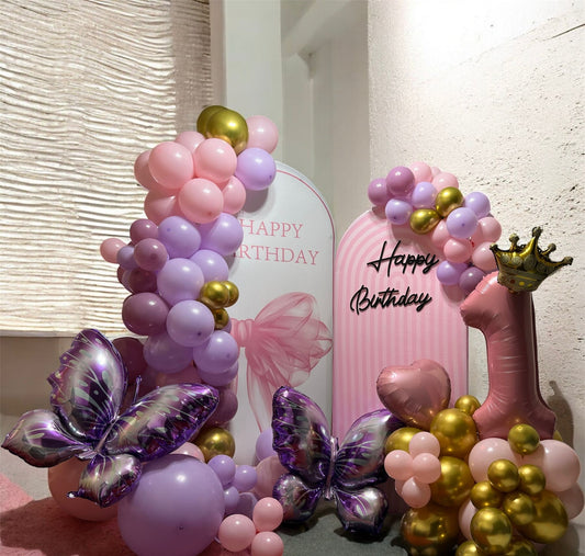 First Birthday Balloon Setup – Pink, Lilac & Gold Princess Theme
