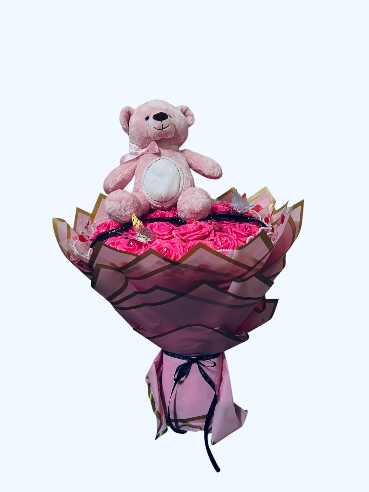 Luxury Pink Rose Teddy Bouquet – Romantic Floral Gift with Plush Bear
