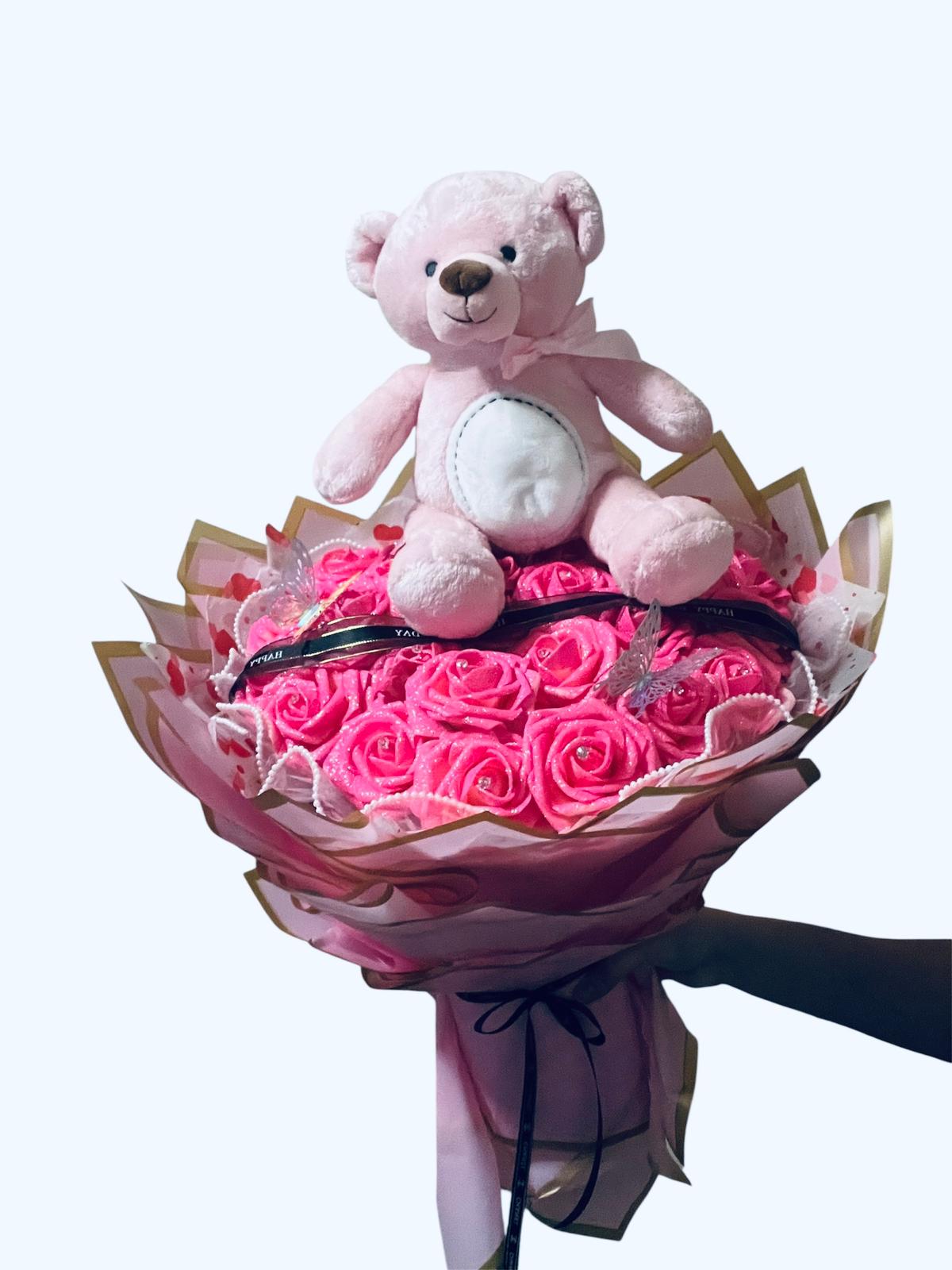 Luxury Pink Rose Teddy Bouquet – Romantic Floral Gift with Plush Bear