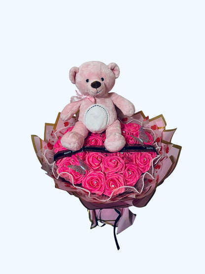 Luxury Pink Rose Teddy Bouquet – Romantic Floral Gift with Plush Bear