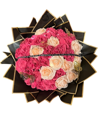 Luxury LED Rose Bouquet Pink glow  – Artificial Pink & Cream Flowers with Lights