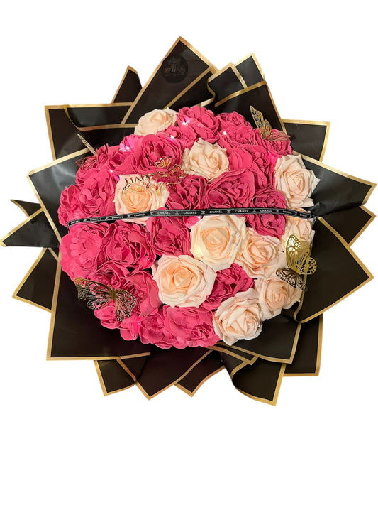 Luxury LED Rose Bouquet Pink glow  – Artificial Pink & Cream Flowers with Lights