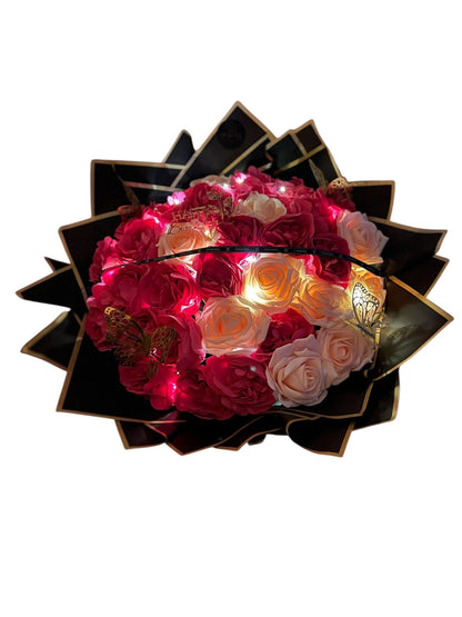 Luxury LED Rose Bouquet Pink glow  – Artificial Pink & Cream Flowers with Lights