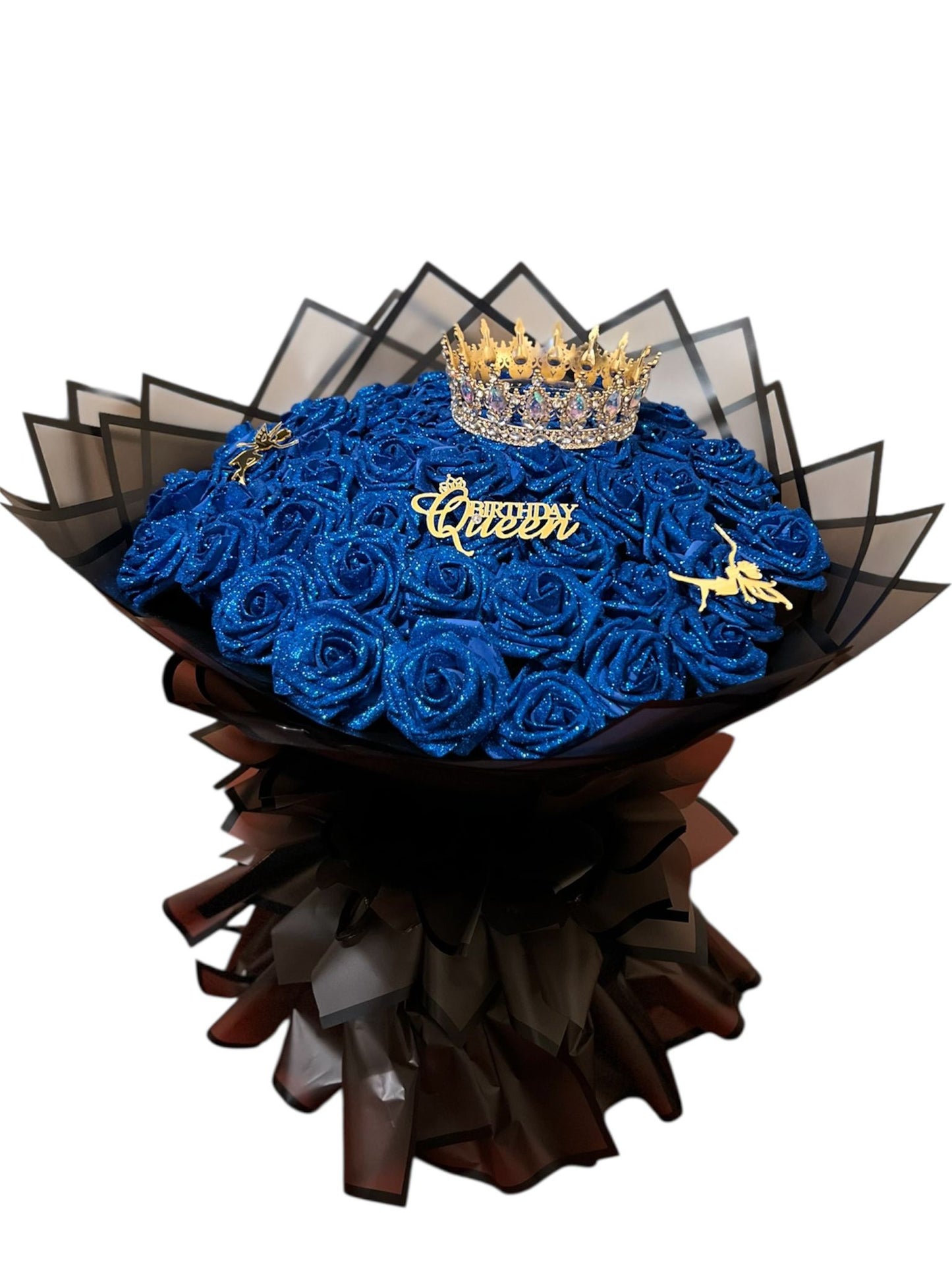 Royal sapphire Blue Rose Bouquet – Luxury Birthday Queen Flower Arrangement with Crown