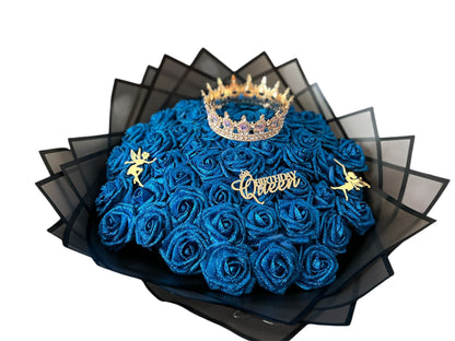 Royal sapphire Blue Rose Bouquet – Luxury Birthday Queen Flower Arrangement with Crown