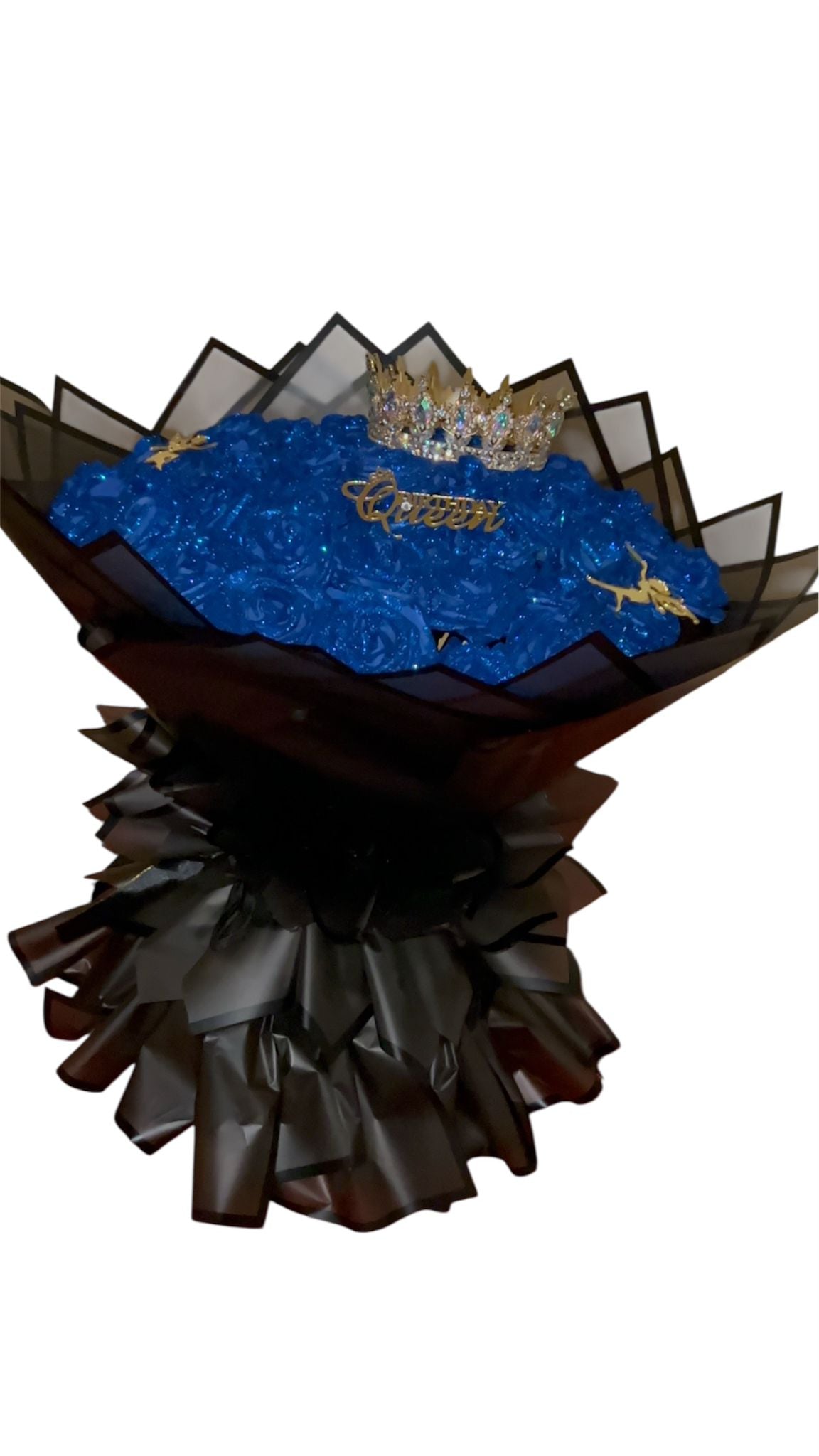 Royal sapphire Blue Rose Bouquet – Luxury Birthday Queen Flower Arrangement with Crown