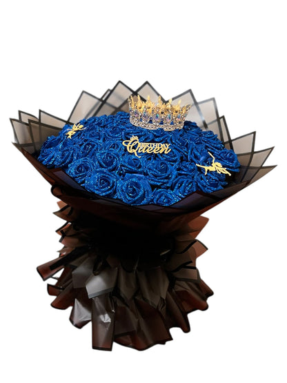 Royal sapphire Blue Rose Bouquet – Luxury Birthday Queen Flower Arrangement with Crown