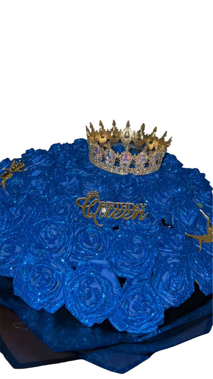 Royal sapphire Blue Rose Bouquet – Luxury Birthday Queen Flower Arrangement with Crown