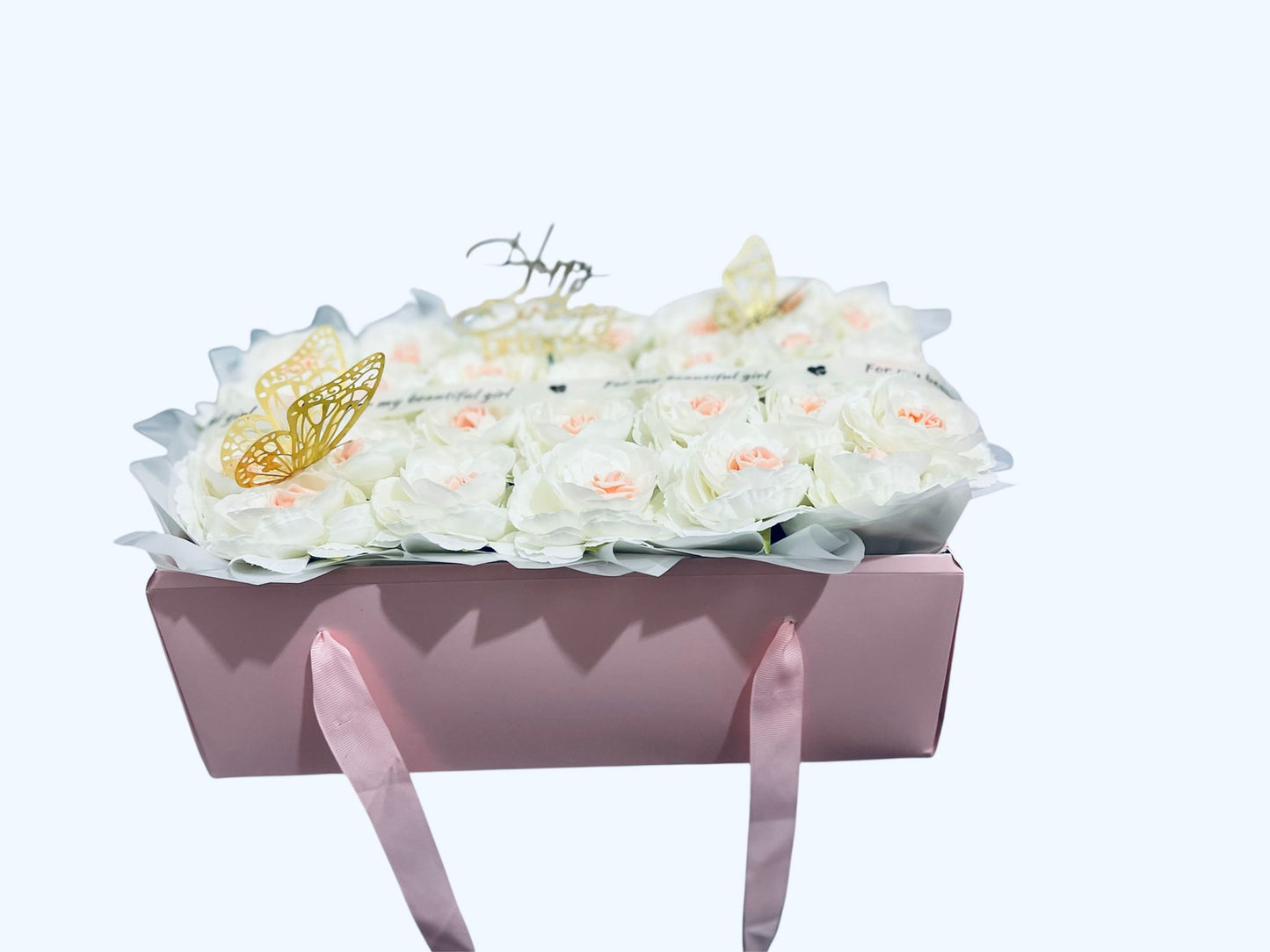 Luxury Rose Gift Blush bow box  – Artificial White & Blush Roses with Premium Pink Box