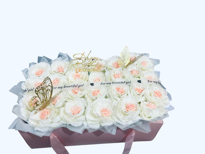 Luxury Rose Gift Blush bow box  – Artificial White & Blush Roses with Premium Pink Box