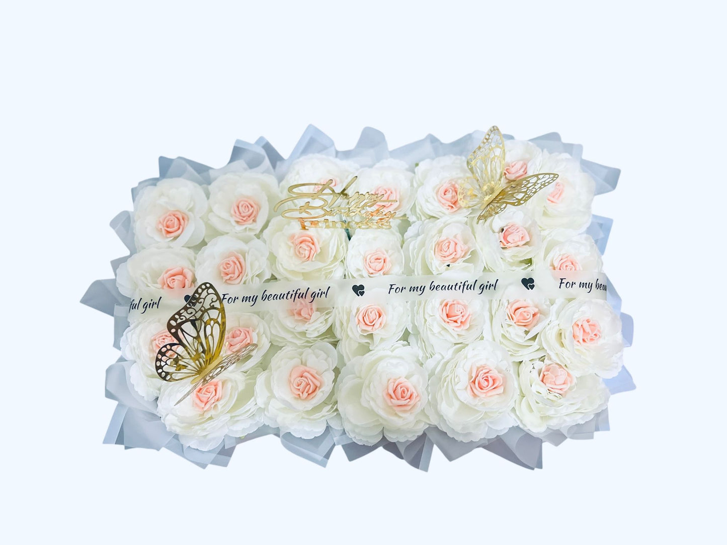 Luxury Rose Gift Blush bow box  – Artificial White & Blush Roses with Premium Pink Box