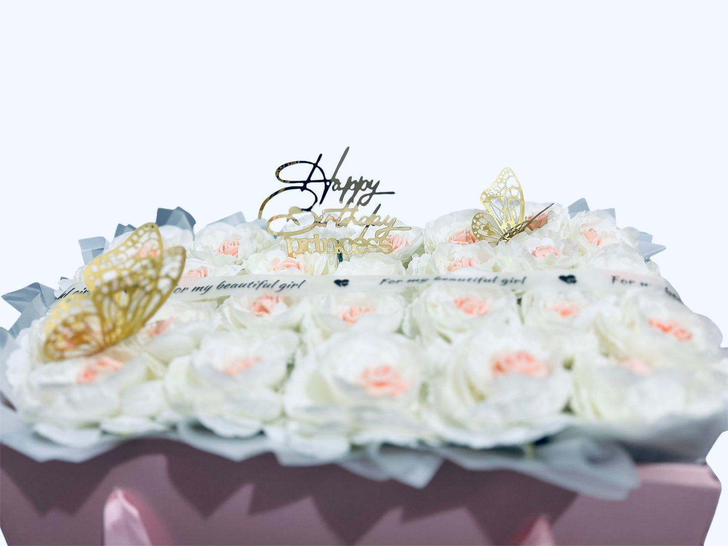 Luxury Rose Gift Blush bow box  – Artificial White & Blush Roses with Premium Pink Box