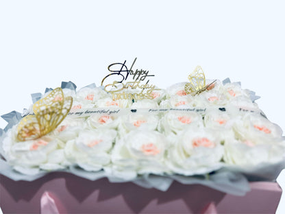Luxury Rose Gift Blush bow box  – Artificial White & Blush Roses with Premium Pink Box