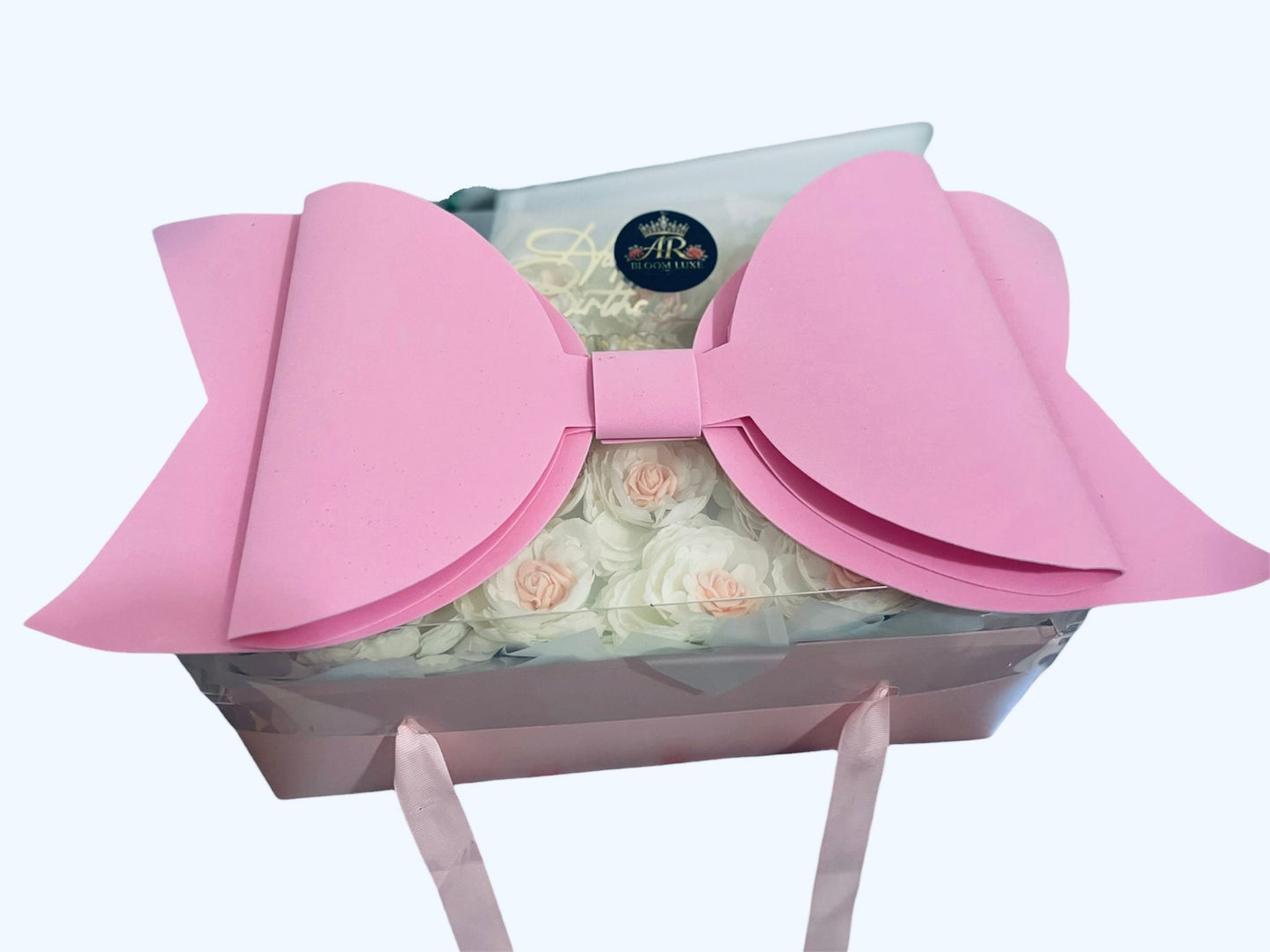 Luxury Rose Gift Blush bow box  – Artificial White & Blush Roses with Premium Pink Box